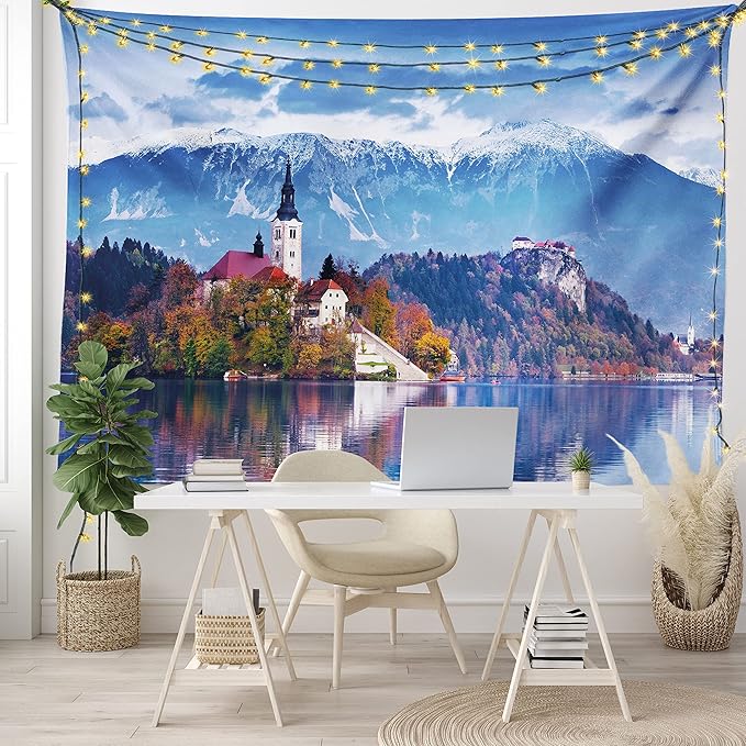 Ambesonne Landscape Tapestry King Size, Photo of Bled in Slovenia with Lake Snowy Mountains and a Castle Pastoral Scenery, Wall Hanging Bedspread Bed Cover Wall Decor, 104" X 88", Blue Lavender