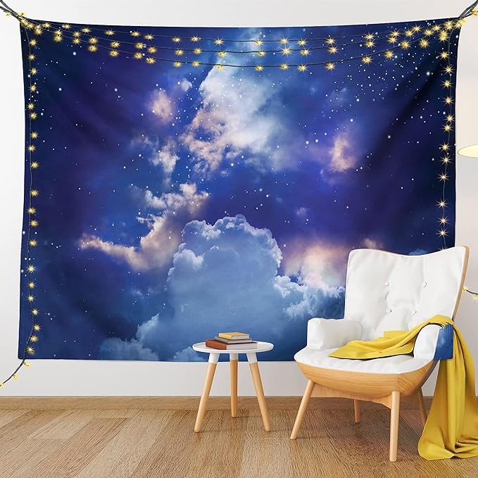 Ambesonne Space Tapestry, Magic Sky View with Star and Clouds Celestial Colorful World Cosmic Expanse Theme, Fabric Wall Hanging Decor for Bedroom Living Room Dorm, 23" X 28", White and Blue