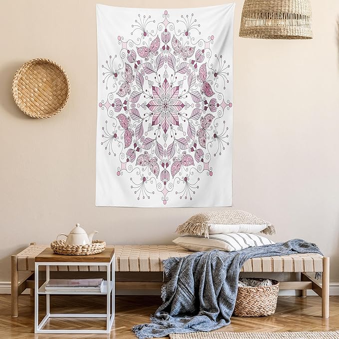 Ambesonne Mandala Tapestry, Lacy Inspired Pastel Floral Motif with Butterfly and Lotus Branches Design, Fabric Wall Hanging Decor for Bedroom Living Room Dorm, 30" X 45", White Pale Pink