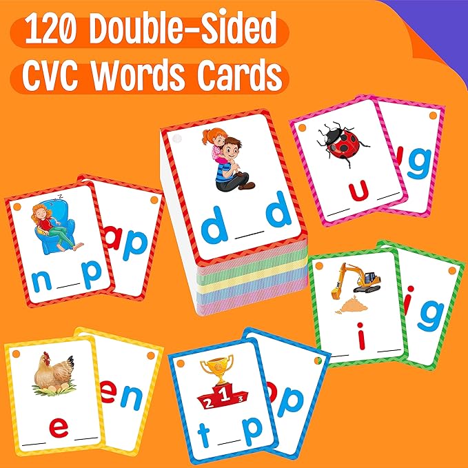 CVC Word Writing Cards, 120 Double Sided Handwriting Cards Short Vowel Spelling Flashcards CVC Sight Words Early Educational Tool for Kids 3 4 5 Years Old (Plus 2 Markers & 3 Reclosable Plastic Rings)