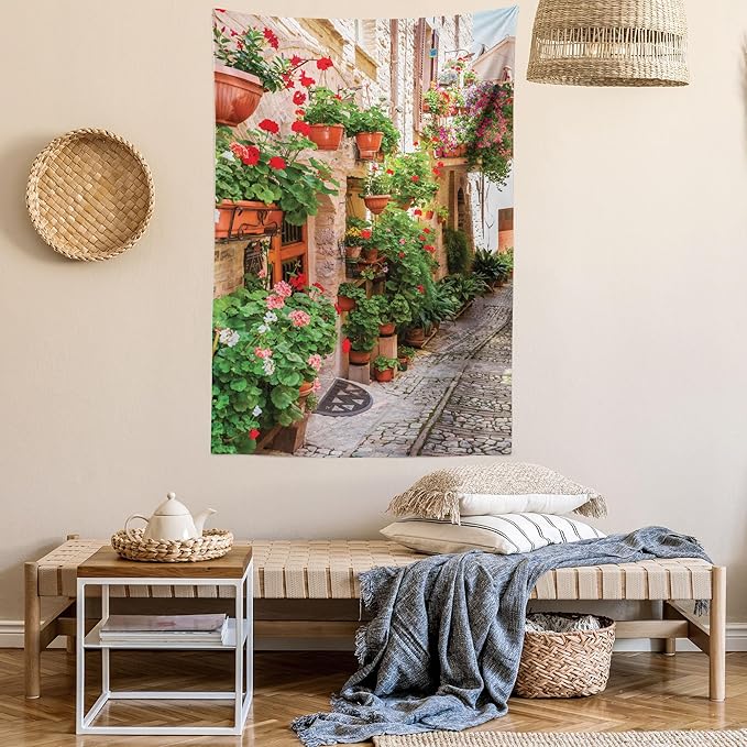Ambesonne Italian Tapestry, Street View of a Small Renaissance Town with Floral Porches and Rock Mediterranean, Fabric Wall Hanging Decor for Bedroom Living Room Dorm, 30" X 45", Pale Brown