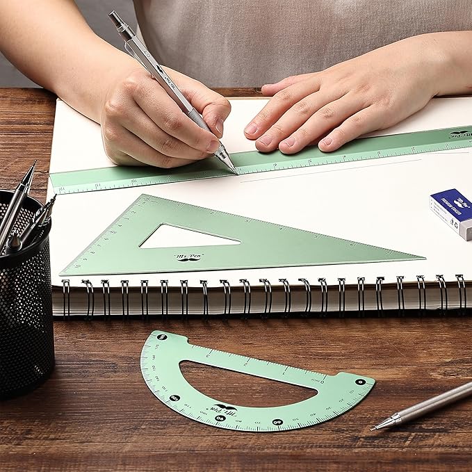 Mr. Pen- Geometry Set, 4 Pack, Light Green, Metal Geometry Kit, Triangle Ruler, Metal Ruler, Drafting Triangles, Metal Protractor, Metal Set Square, Drafting Ruler, Drafting Set