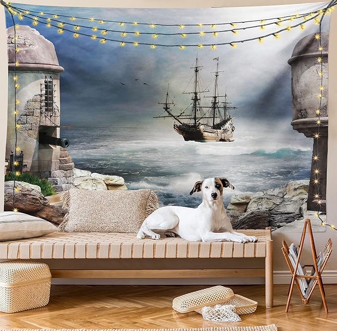 Ambesonne Sailboat Tapestry, Pirate Merchant Shipnchored in the Bay of Fortbandoned Rockst Shore, Fabric Wall Hanging Decor for Bedroom Living Room Dorm, 45" X 30", Pale Muave Beige