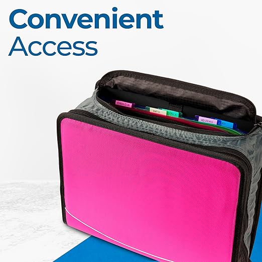 Case-it King Sized Zip Tab School Zipper Binder | 4-Inch D-Rings, 800 Sheet Capacity, 5-Subject Expanding File Folder, Multiple Pockets & Storage Organizer, Shoulder Strap | D-186 Magenta