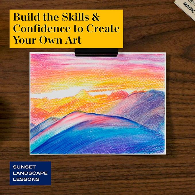 Prismacolor Technique Art Supplies and Digital Art Lessons Nature Drawing Set Level 2 Watercolor Pencils Brush Markers and More Sunset Landscape Drawing 27 Count