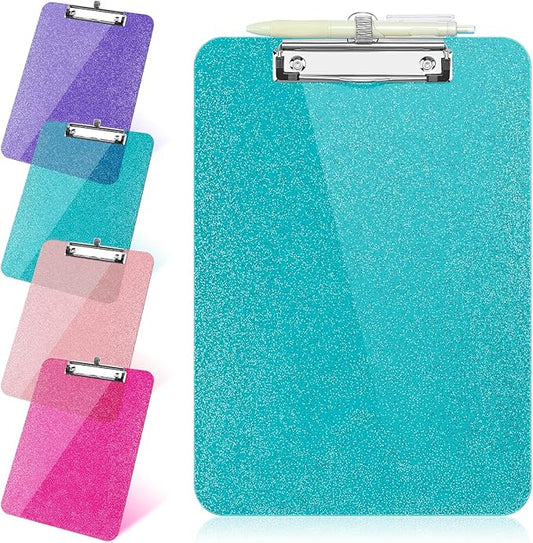 1 Pcs Clear Glitter Clipboards, Plastic Clipboard with Pen Holder,Size 8.85 x 12.4 in Shiny Clipboards with Low Profile Clip, Cute Hanging Clipboard for Office School Supplies Sparkly Clip board-Green