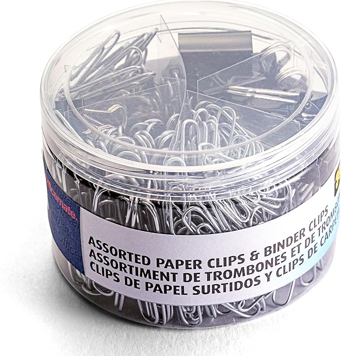 Officemate 340 Assorted Paper Clips and Binder Clips, Re-usable Storage Tub, Silver/Black (31040)