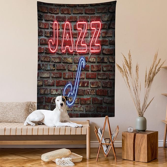 Ambesonne Music Tapestry, Image of Alluring Neon All Jazz Sign Saxophone Instrument on Brick Wall Print, Fabric Wall Hanging Decor for Bedroom Living Room Dorm, 23" X 28", Red Blue