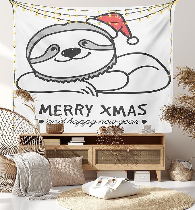 Ambesonne Sloth Tapestry, Smiling Animal Christmas Hat Merry Xmas and Happy New Year Celebration, Wall Hanging for Bedroom Living Room Dorm Decor, 40" X 60", Grey Red Black