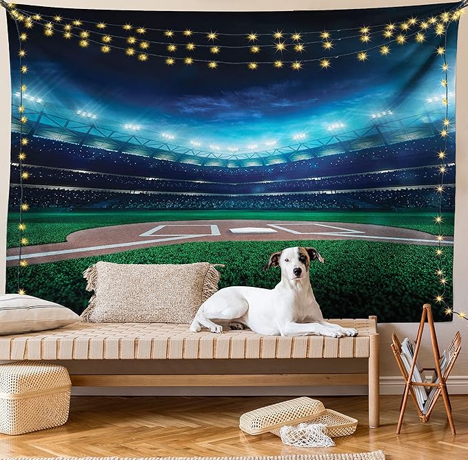 Ambesonne Baseball Tapestry, Professional Baseball Field at Night Vibrant Playground Stadium League Theme Print, Wide Wall Hanging for Bedroom Living Room Dorm, 80" X 60", Blue Green