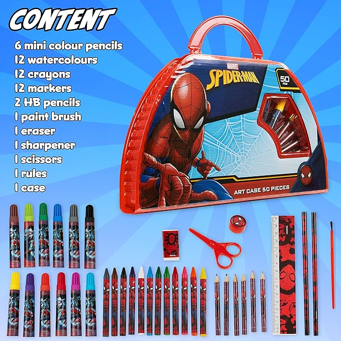 Marvel Spiderman Colored Pencils Art Supplies Kids Set Coloring Pens Stationery Girls Drawing Pencils Supplies Travel Case with Crayons Arts and Crafts for Kids 4-12 (Red/Navy)