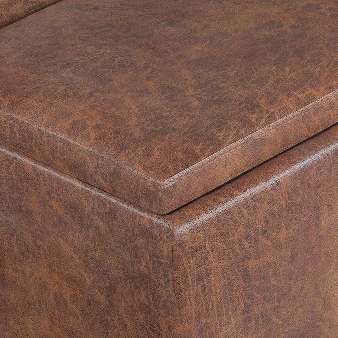 SIMPLIHOME Avalon Storage Ottoman - 42 inch Wide Upholstered Vegan Leather Rectangular Flip-Top Ottoman in Distressed Saddle Brown, Contemporary Coffee Table Ottoman for Living Room with Storage