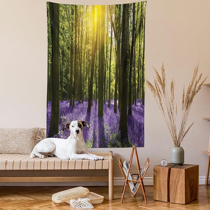 Ambesonne Woodland Tapestry, Sunbeams in the Forest of Bluebells Blooms Deep in Woodland Oxfordshire, Wall Hanging for Bedroom Living Room Dorm Decor, 60" X 80", Violet Green Yellow