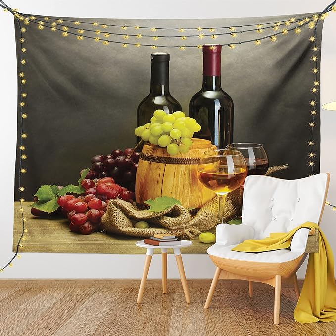Ambesonne Winery Tapestry, Cask Bottles and Glasses of Wine and Ripe Grapes on Wooden Table Picture Print, Fabric Wall Hanging Decor for Bedroom Living Room Dorm, 23" X 28", Grey Taupe