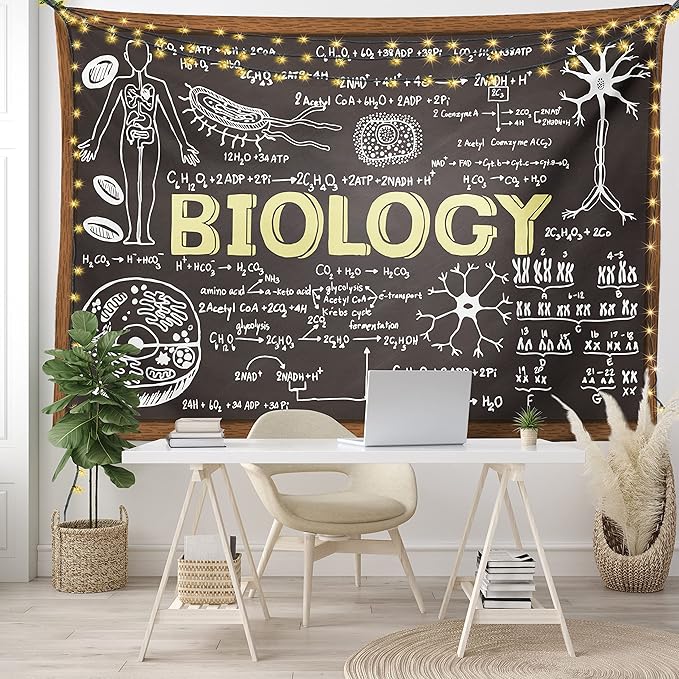 Ambesonne Science Tapestry, Chalkboard Biology Hand Written, Wide Wall Hanging for Bedroom Living Room Dorm, 60" X 40", Black Brown Pale Yellow
