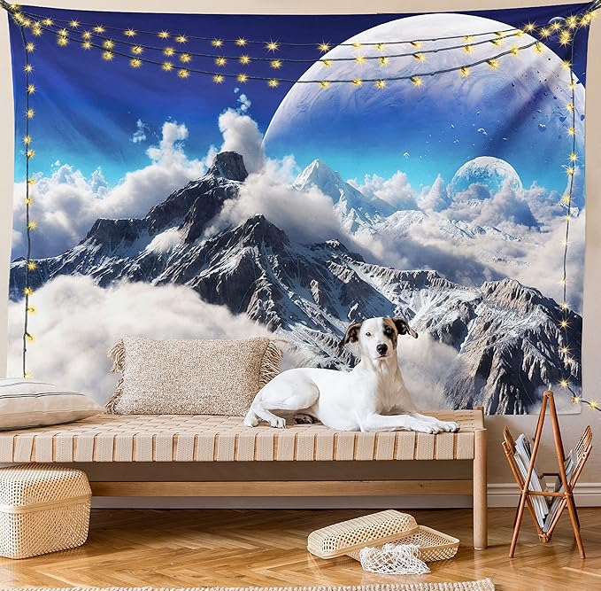 Ambesonne Fantasy Tapestry Twin Size, Celestial View of Snow Capped Mountains and Alien Planet Print, Wall Hanging Bedspread Bed Cover Wall Decor, 68" X 88", White and Navy Blue