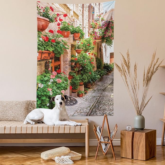 Ambesonne Italian Tapestry, Street View of a Small Renaissance Town with Floral Porches and Rock Mediterranean, Fabric Wall Hanging Decor for Bedroom Living Room Dorm, 23" X 28", Pale Brown