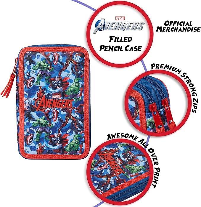 Marvel Boy's Pencil Case, Pencil Case with Compartments Filled School Supplies, Felt, Coloured Pencil, Spiderman Avengers Back to School Gift