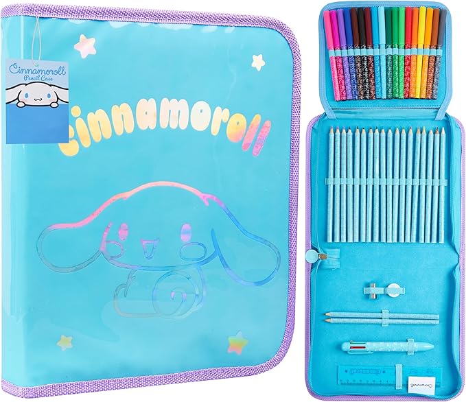 Hello Kitty Sanrio Pencil Case Kids Colored Pencils Markers Kawaii Kuromi Stationery Gifts for Kids (Blue Cinnamoroll)