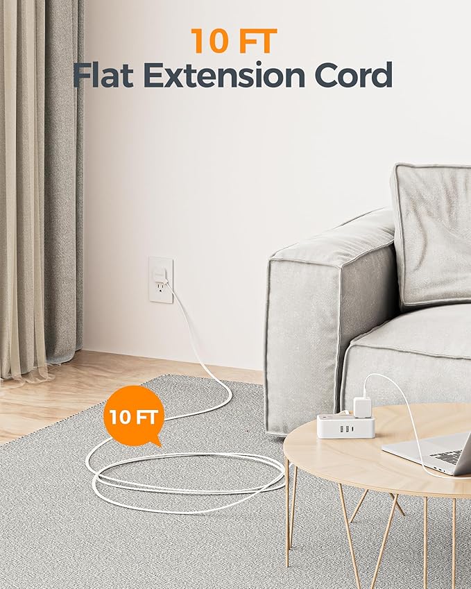 Flat Plug Extension Cord 10 FT, TESSAN Surge Protector Power Strip with 4 AC Outlets 1 USB C and 2 USB A Ports, 900 Joules Protection, Multiple Wall Outlet Extender Suitable for Home Office
