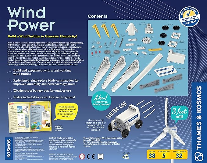 Thames & Kosmos Wind Power V4.0 STEM Experiment Kit | Build a 3ft Wind Turbine to Generate Electricity | Learn About Renewable Energy & Power a Small Model Car | Weatherproof for Outdoor Use