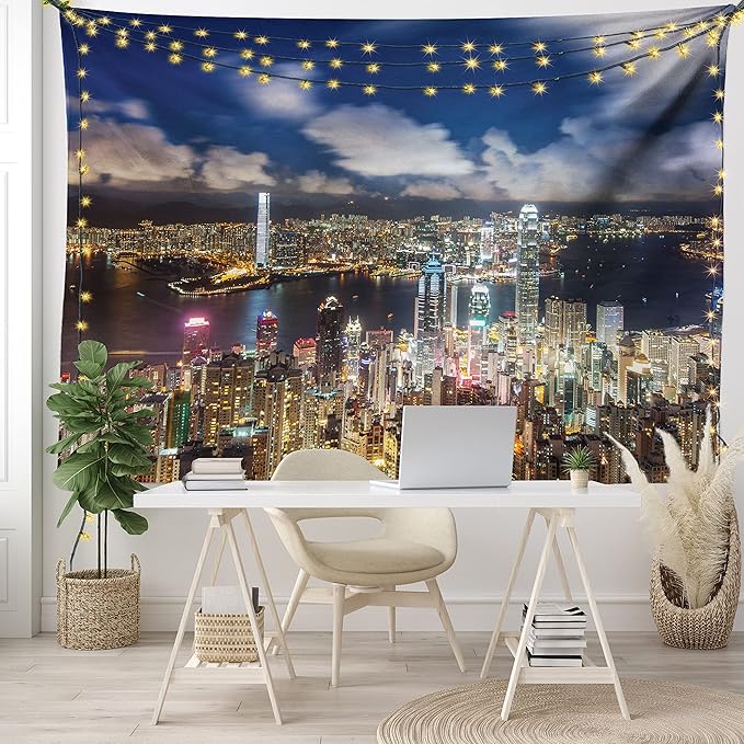 Ambesonne Cityscape Tapestry, Night View Hong Kong Victoria Harbor Business Financial District Cityscape Print, Fabric Wall Hanging Decor for Bedroom Living Room Dorm, 28" X 23", White Indigo