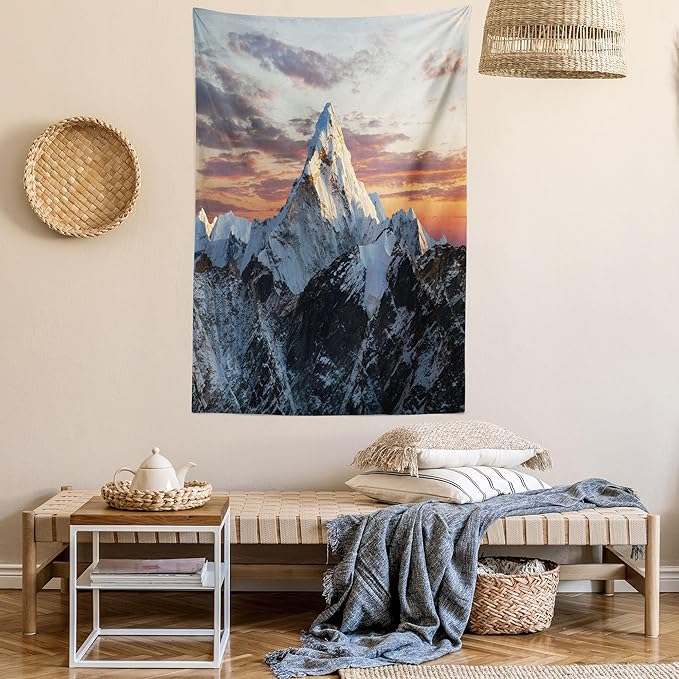 Ambesonne Mountain Tapestry, Evening South High Hill Above the Sky Colorful Nepal Everest Photo, Fabric Wall Hanging Decor for Bedroom Living Room Dorm, 30" X 45", Bluegrey Salmon