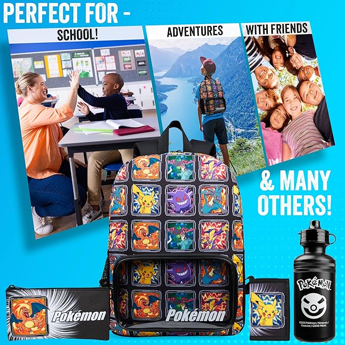 Pokemon Backpack Set 4 Pcs for Kids with Backpack Water Bottle Pencil Case Lunch Bag or Wallet Anime School Supplies Gifts (Multi 4 Pcs Set)