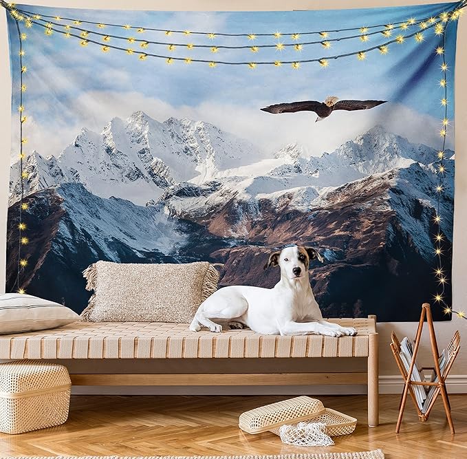 Ambesonne Mountain Tapestry Twin Size, Frozen Peaks Tops of the Mountain with a Flying Eagle Free in Nature Photo, Wall Hanging Bedspread Bed Cover Wall Decor, 68" X 88", Brown White Blue