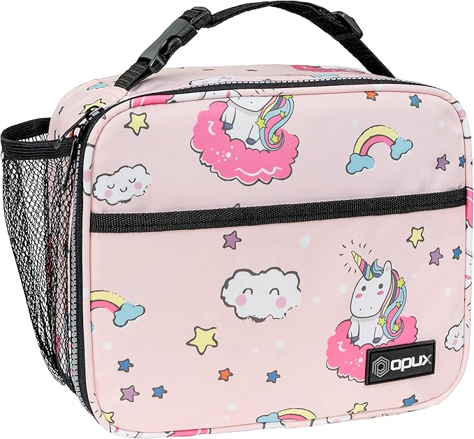 opux Insulated Lunch Bag Kids, Lunch Box for School Boy Girl, Leakproof Small Reusable Compact Soft Mini Cooler Bag, Toddler Small Lunch Boxes Kit Pail with Front Side Pockets (Pink Unicorn)