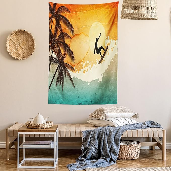 Ambesonne Grunge Tapestry, Illustration of Tropical Island Surfer on Sea Waves and Palms at Sunset, Fabric Wall Hanging Decor for Bedroom Living Room Dorm, 23" X 28", Orange Turquoise Black