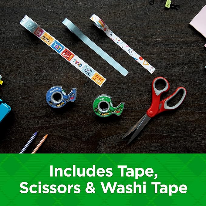 Scotch Back to School Pack, Includes 1 Pair Multi-Purpose Scissors, 3 Rolls Expressions Tapes, 1 Roll Magic Tape, and 1 Roll Wall-Safe Tape (BTSPKScotch-21)