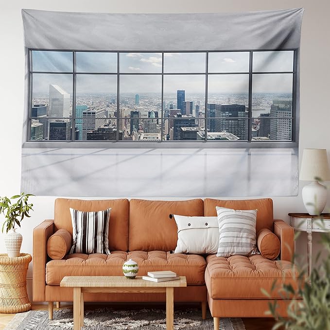 Ambesonne City Tapestry, Clean Office with Big Window Downtown Skyscraper Buildings Domestic Cityscape Art, Fabric Wall Hanging Decor for Bedroom Living Room Dorm, 30" X 45", Grey White