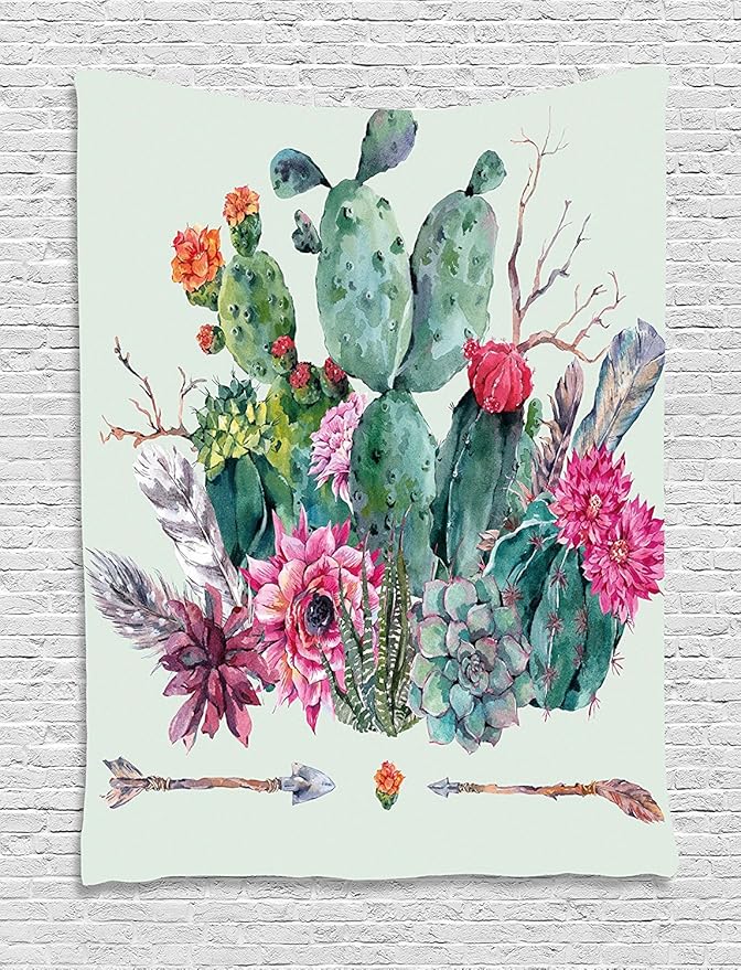 Ambesonne Cactus Tapestry, Spring Garden Boho Style Bouquet of Thorny Plants Blossoms Arrows Feathers, Wall Hanging for Bedroom Living Room Dorm Decor, 60" X 80", Rose Green Brown