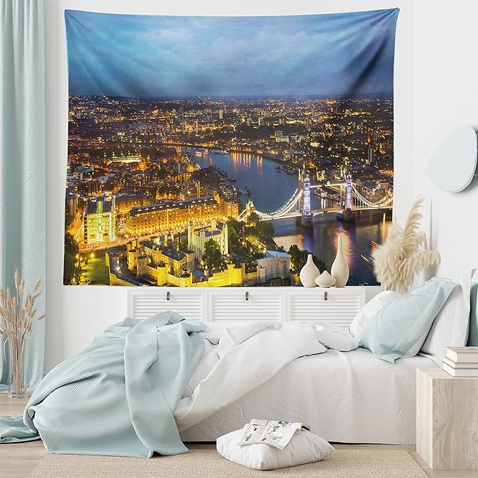 Ambesonne Modern Tapestry King Size, Sunset at London England Cityscape Night Time and Tower Bridge Landmark Urban, Wall Hanging Bedspread Bed Cover Wall Decor, King Size, Yellow Bluegrey