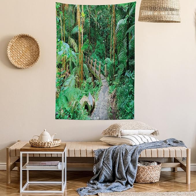 Ambesonne Puerto Rico Tapestry Queen Size, Tropical Rain Forest in San Juan Exotic Jungle Nature Photography, Wall Hanging Bedspread Bed Cover Wall Decor, 88" X 88", Green Pale Brown Ginger