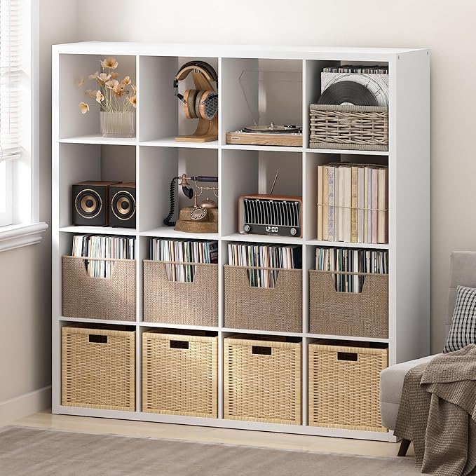 Furinno Cubicle Record Player Stand with Vinyl Storage, 16-Cube 1.2 Extra Thick Vinyl Record Storage, Open Back Media Shelf for CD DVD Blueray Game Disc, for Living Room, Home Office, White