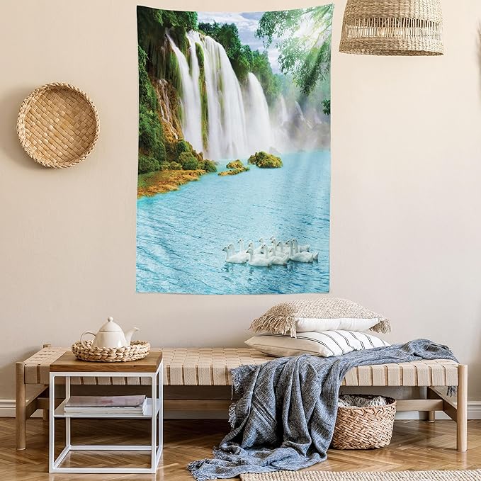Ambesonne Waterfall Tapestry Twin Size, Image of a Grand Waterfall with Swans in the Lake Sunny Day Nature Print, Wall Hanging Bedspread Bed Cover Wall Decor, 68" X 88", White Green