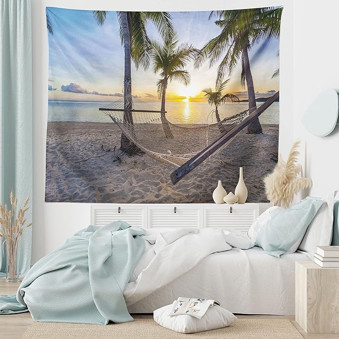Ambesonne Tropical Tapestry, Paradise Beach Hammock and Coconut Palm Trees Horizon Coast Vacation Scenery, Fabric Wall Hanging Decor for Bedroom Living Room Dorm, 45" X 30", Sand Brown