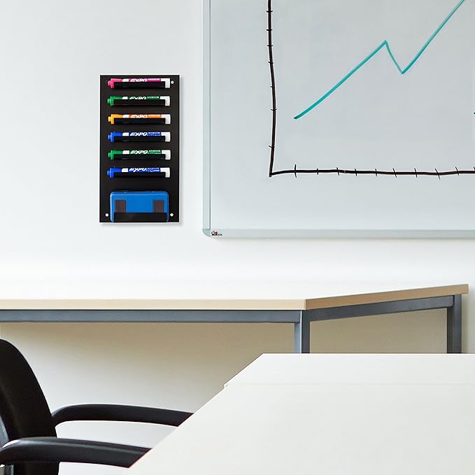 MyGift MyGit Whiteboard Marker Holder 2-Pack Wall Mounted Dry Erase Marker Holder Black 7 Slot Organizer for Markers and Eraser for Classroom Office or Home