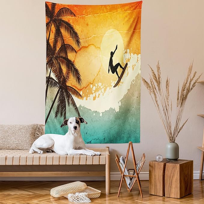 Ambesonne Grunge Tapestry, Illustration of Tropical Island Surfer on Sea Waves and Palms at Sunset, Wall Hanging for Bedroom Living Room Dorm Decor, 60" X 80", Orange Turquoise Black