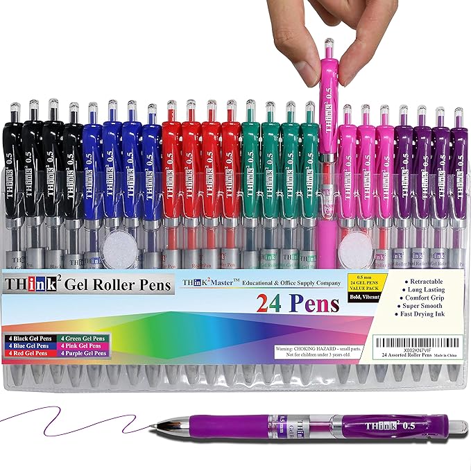 [24 Pens - 4Black, 4Blue, 4 Red, 4 Green, 4 Pink, 4Purple Ink] Think2 Retractable Gel Pens. Assorted Colors Fine Point (0.5mm) Rollerball Pens with Comfort Grip.