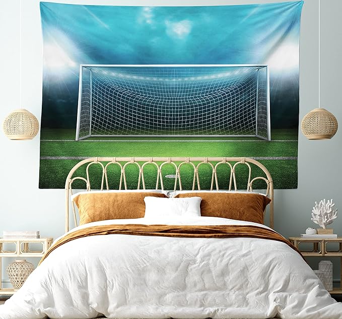 Ambesonne Soccer Tapestry King Size, Soccer Goal Post Sports Area Winner Loser Line Floodlit Best Team Finals Game Theme, Wall Hanging Bedspread Bed Cover Wall Decor, King Size, Green and Blue