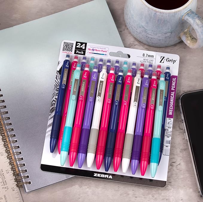 Zebra Pen, Z-Grip Mechanical Pencil, Smooth Writing, Latex-Free Grip, 0.7mm Lead, #2 HB, Pre-Loaded with Lead and Eraser, for School, Office, Everyday Use, Assorted Colors, 18-Pack, (50424)