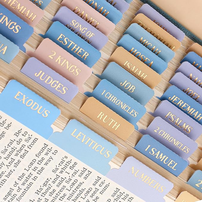 Bible Tabs, 66 Gold Foil Pre-Printed Chapter Labels + 39 Blank Impression Sunrise Theme Laminated Index Tabs with Alignment Ruler, Bible Journaling Study Supplies for Women & Men, Bible Accessories