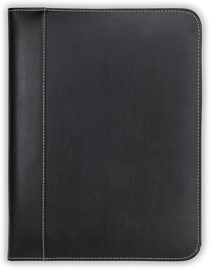 Samsill Contrast Stitch Leather Zippered Portfolio Folder/Business Portfolio for Men and Women, Resume/Document Organizer with Writing Pad, Black (71720)