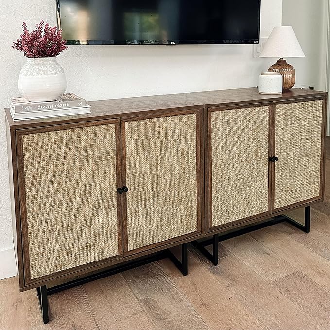 Nathan James Kova Bohemian Rattan Accent Sideboard Storage Cabinet, with Doors and Matte Black Legs, Dark Brown/Black