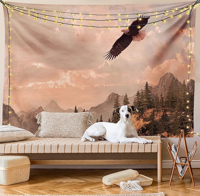 Ambesonne Eagle Tapestry, Nature Photography of Rocky Mountains and Forest a Bird Flying over It, Fabric Wall Hanging Decor for Bedroom Living Room Dorm, 23" X 28", Rose Green