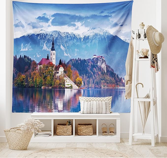 Ambesonne Landscape Tapestry Queen Size, Photo of Bled in Slovenia with Lake Snowy Mountains and a Castle Pastoral Scenery, Wall Hanging Bedspread Bed Cover Wall Decor, 88" X 88", Blue Lavender