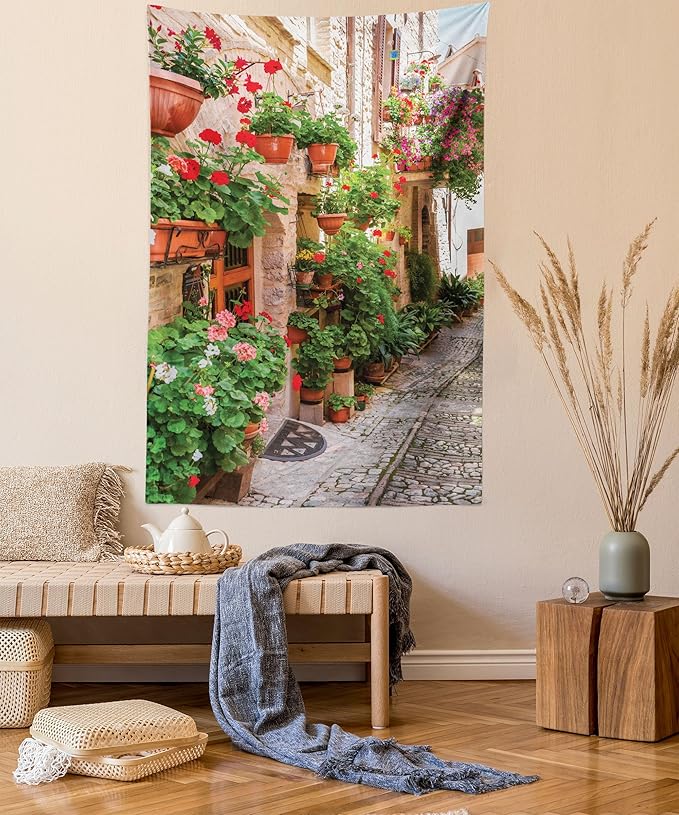 Ambesonne Italian Tapestry, Street View of a Small Renaissance Town with Floral Porches and Rock Mediterranean, Fabric Wall Hanging Decor for Bedroom Living Room Dorm, 30" X 45", Pale Brown